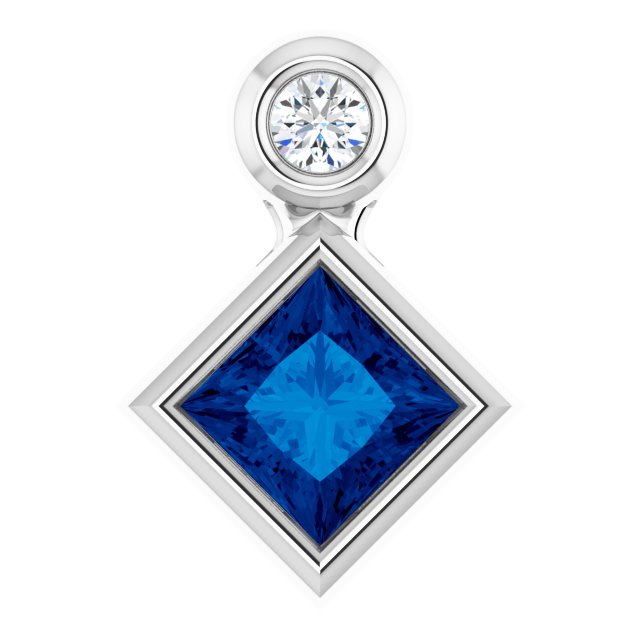 14K White 4x4 mm Square Lab-Grown Blue Sapphire & .03 CT Natural Diamond Pendant